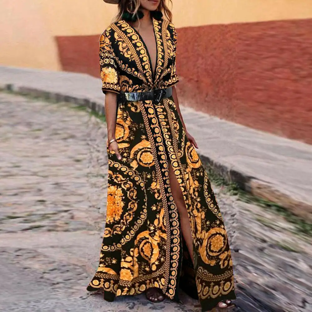 

Women Fashion Print Maxi Deep V-Neck Short Sleeve Fork Party Ball Gown Dress