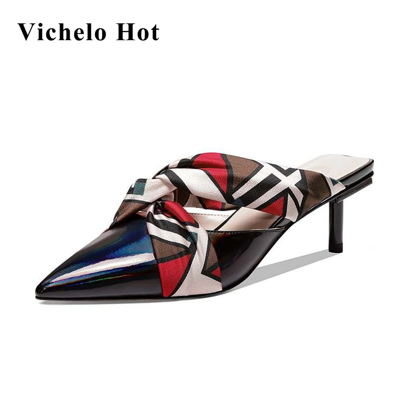 

Vichelo Hot new concise style cow leather riband pointed toe thin high heel slip on mules slingback elegant lady women pumps L35
