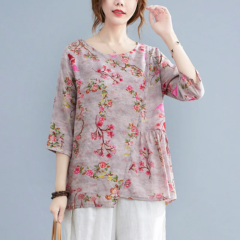 

Masss Wasss Chinese Style 2021 Linen Floral Blouses Women Fashion Casual Shirts Loose Vintage Clothes Ladies O-Neck Printed Tops