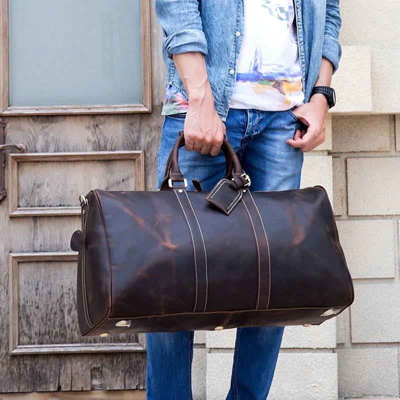 POOLOOS  Men Genuine Leather Travel Bag Travel Tote Big Weekend Bag Man Cowskin Duffle Bag Hand Luggage Male Handbags Large 60cm