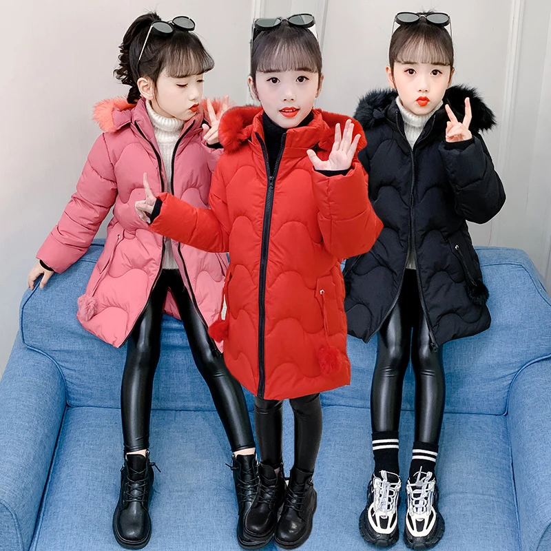 

2021 Thick Keep Warm Winter Jacket For Girls Big Size Fur collar Letter Long Hooded Kids Outerwear Teenager Windbreaker Coat