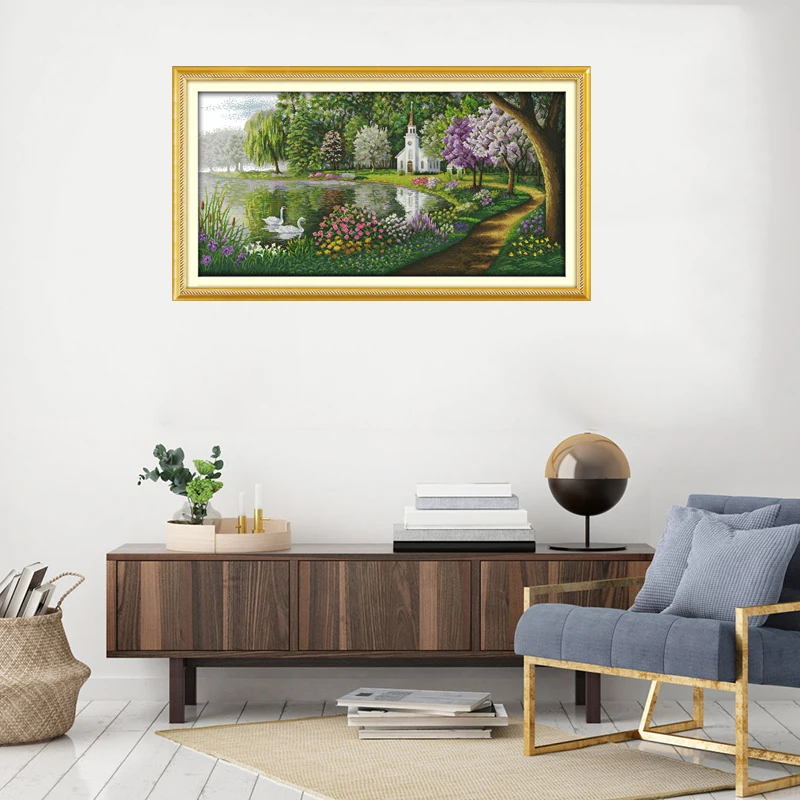 Вышивка крестиком Joy Sunday пейзаж зеленое озеро отраженный цвет вышивка ручной