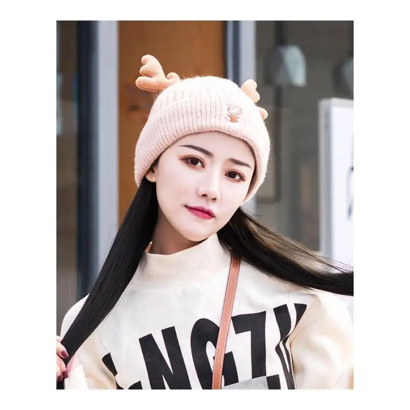 

New style antler woolen hat Christmas hat female winter warm hood with velvet ear protection cute elk tide