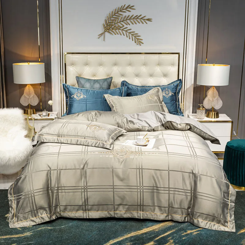

New Luxury Satin Jacquard Lattice Embroidery Bedding Set Silk Cotton Double Duvet Cover Set Bed Linen Pillowcases Home Textile