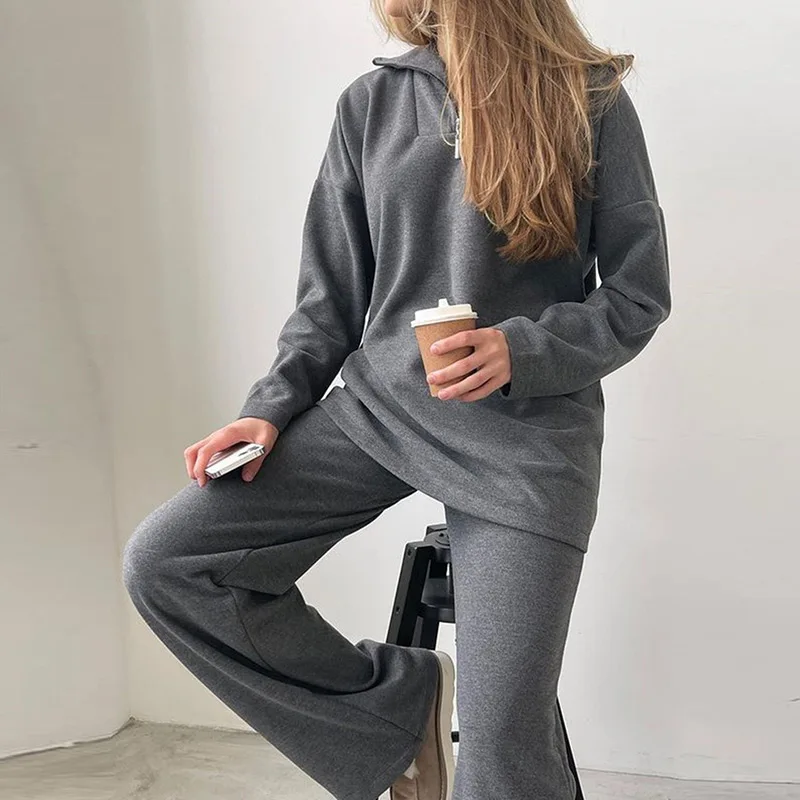 Women Elegant Two Piece Set Polo Collar Long Sleeve Hoodies Fashion High Waist Straight Trouser Suit Loose Warm Waffle Tracksuit |