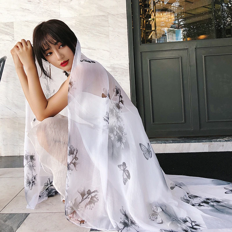 

2021 Women Cicada Wing Chiffon Scarf Butterfly Flower Print Shawls Office Lady Soft Wraps Female Elegant Echarpe 180x140cm
