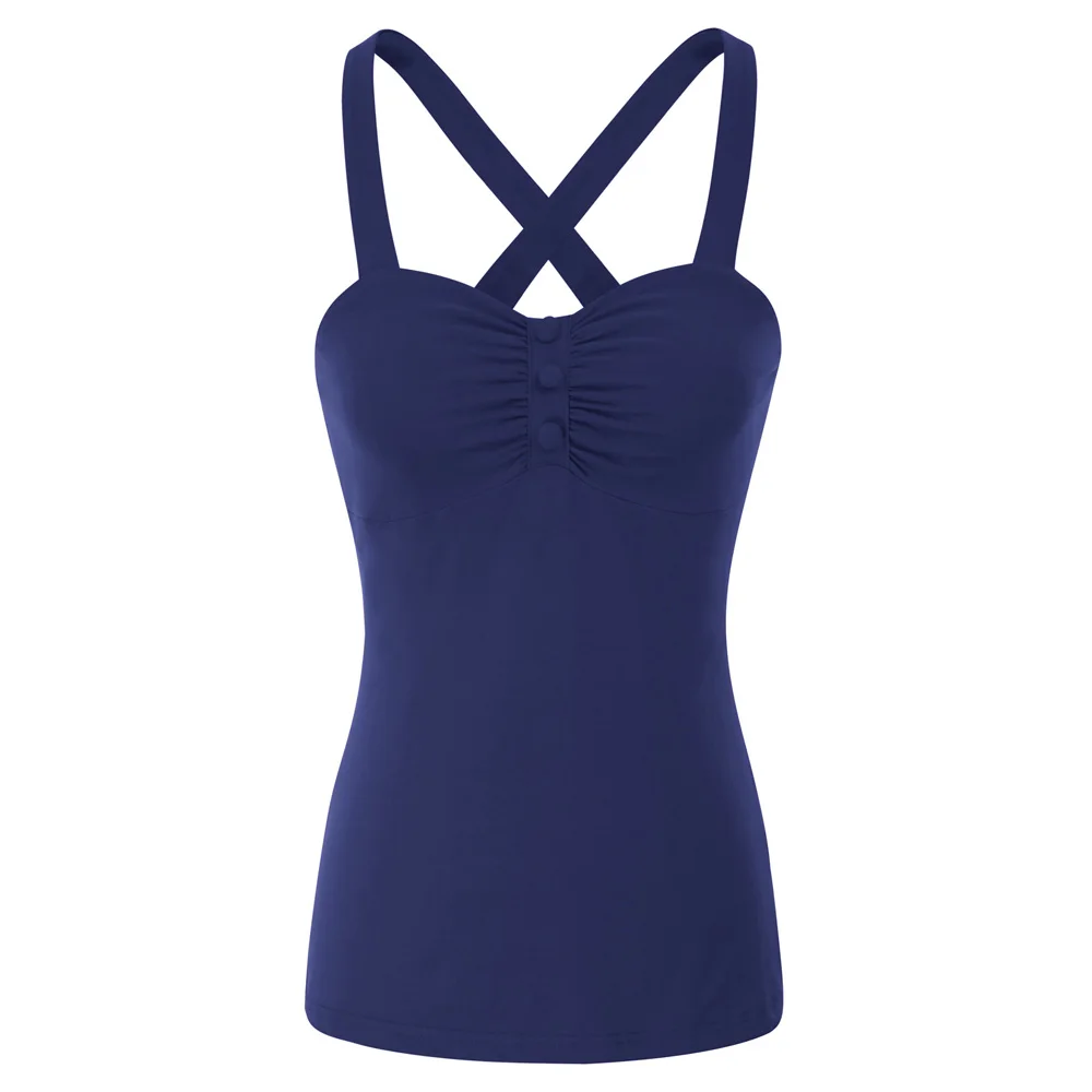 Navy Blue Черный/красный короткий топ Женская летняя одежда сексуальная винтажная ретро-пуговица с перекрестными пуговицами украшенная рюшами хлопковая тонкая Клубная одежда топы на бретельках - Цвет: Navy Blue
