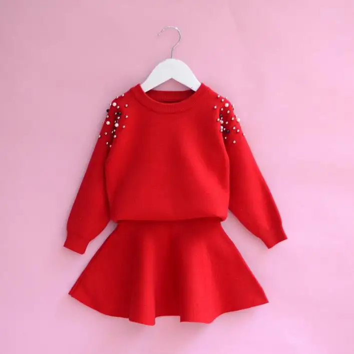

Beading Knitted Girl Clothing Sets Solid Color Long Sleeve Sweater+Skirt 2pcs Outfits Baby Clothes 2-6Y B64