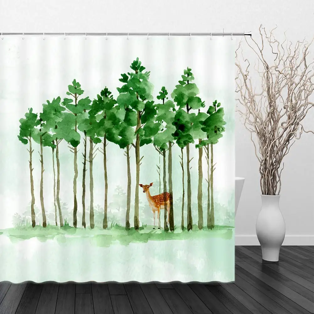 

Deer Plant Creative Oil Painting Art Green White Bathroom Curtains
