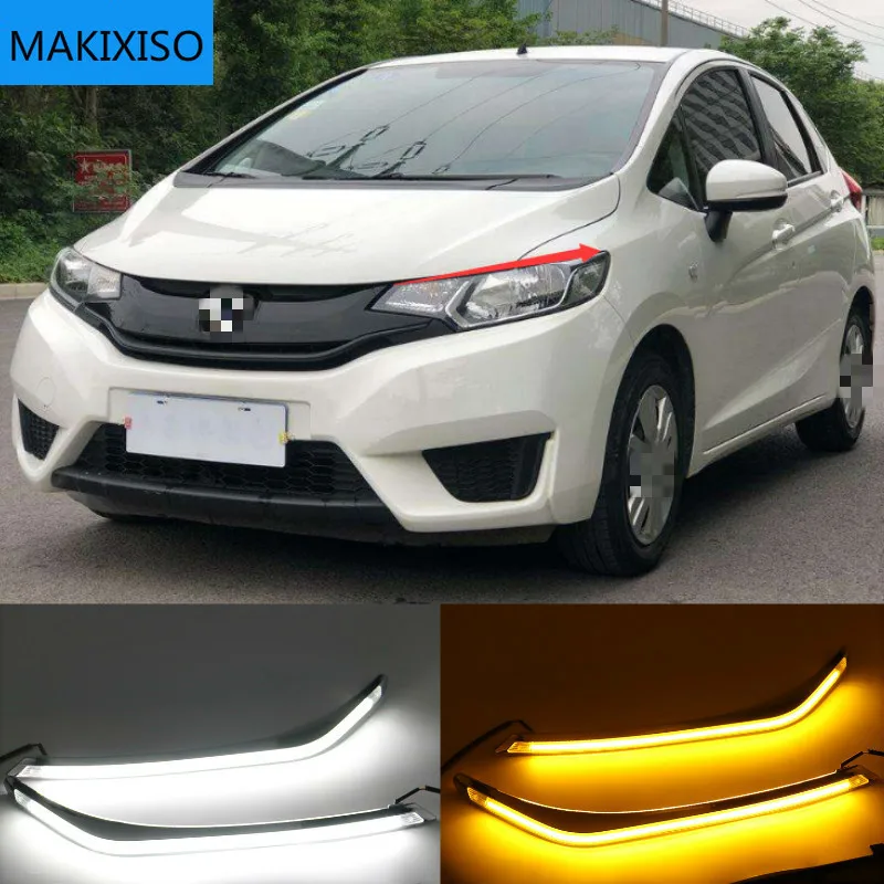 

Светодиодный ные дневные ходовые огни для Honda Jazz fit 2015-2018 светодиодный ные дневные ходовые огни, противотуманные фары с функцией поворота, Стайлинг автомобиля