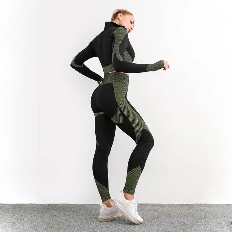

FNOCE Foreign Trade Cross-border Seamless Yoga Clothes Two-piece Suit Female Peach Hip Tight-fitting Sports Fitness Suit Suit