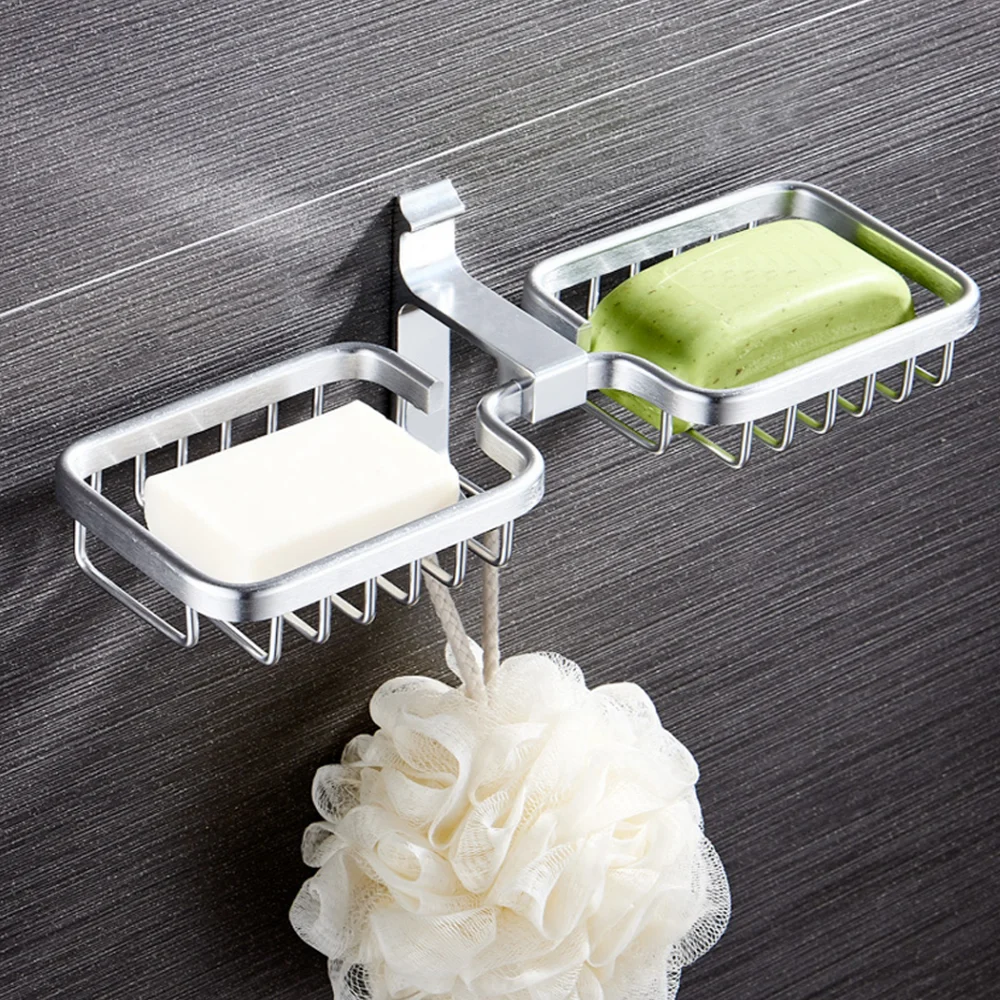

Wall Mounted Sturdy Double Boxes Soap Dish Space Aluminum Storage Case Metal Rack Soap Box Tray Holder Bathroom Accessories