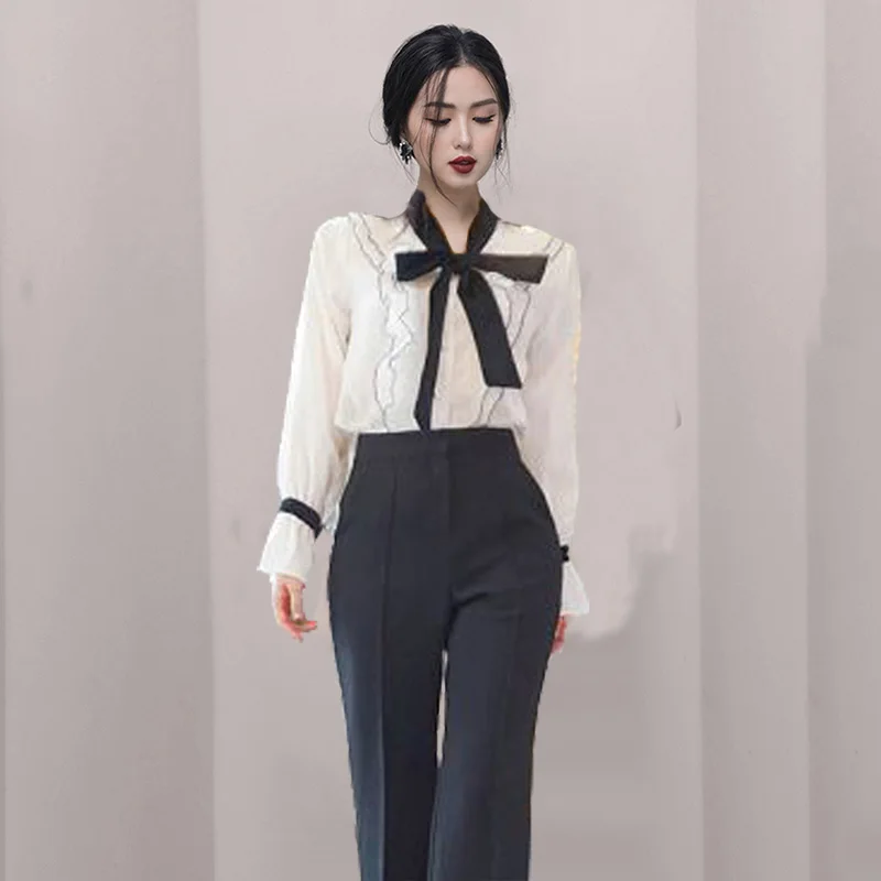 

Шифоновая Свободная Женская рубашка, новая модная блузка, однотонная Осенняя Повседневная Блузка с бантом и длинным рукавом, домашняя одеж...