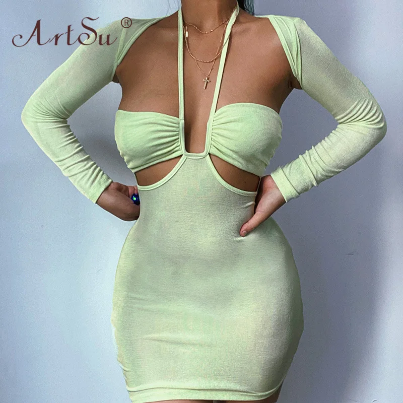 Женское мини платье без рукавов ArtSu с лямкой на шее и открытой спиной модное