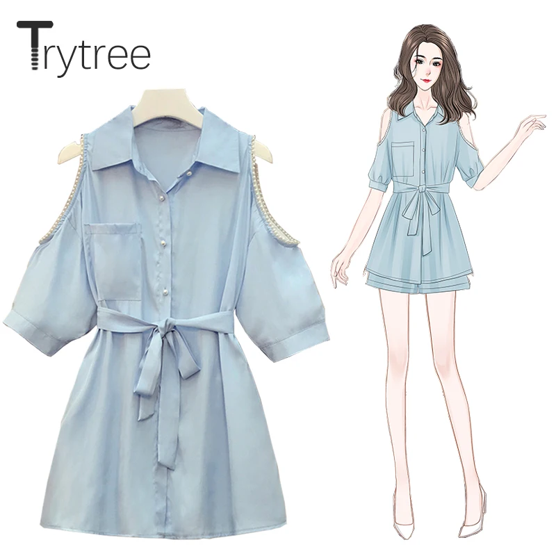 

Trytree Summer Women Two Piece Set Casual Pearls Hollow Out Sleeves Belt Blouse + Wide Leg Shorts Solid Office Lady 2 Piece Suit