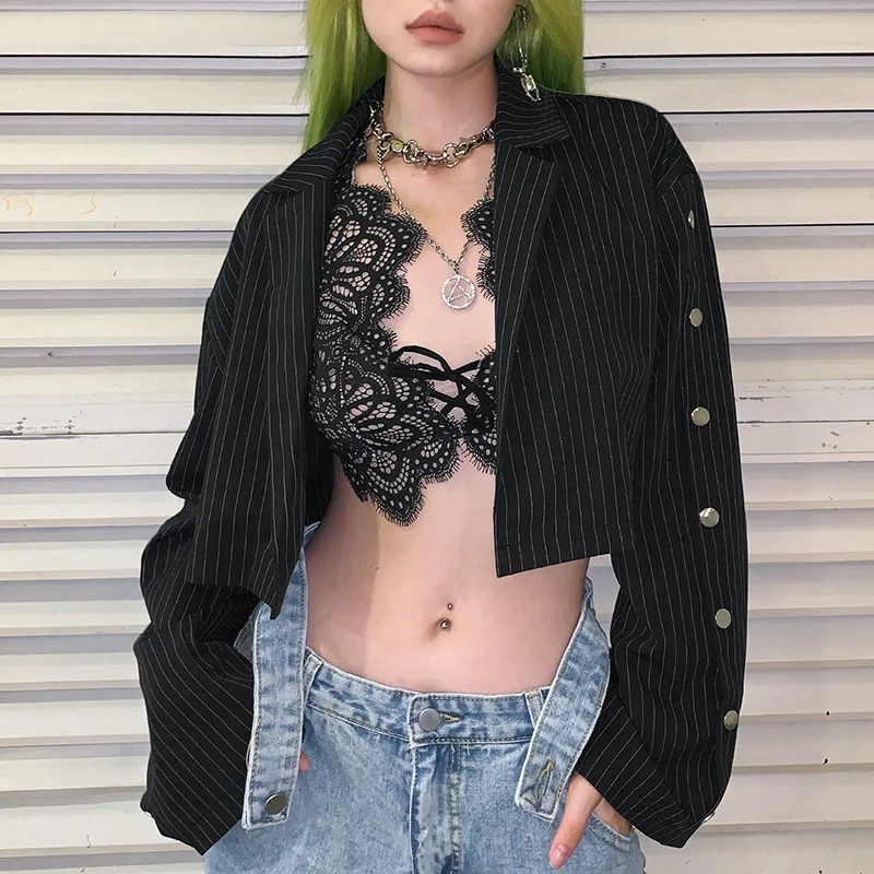 Офисные женские черные полосатые куртки блейзеры для женщин осень 2019 модные