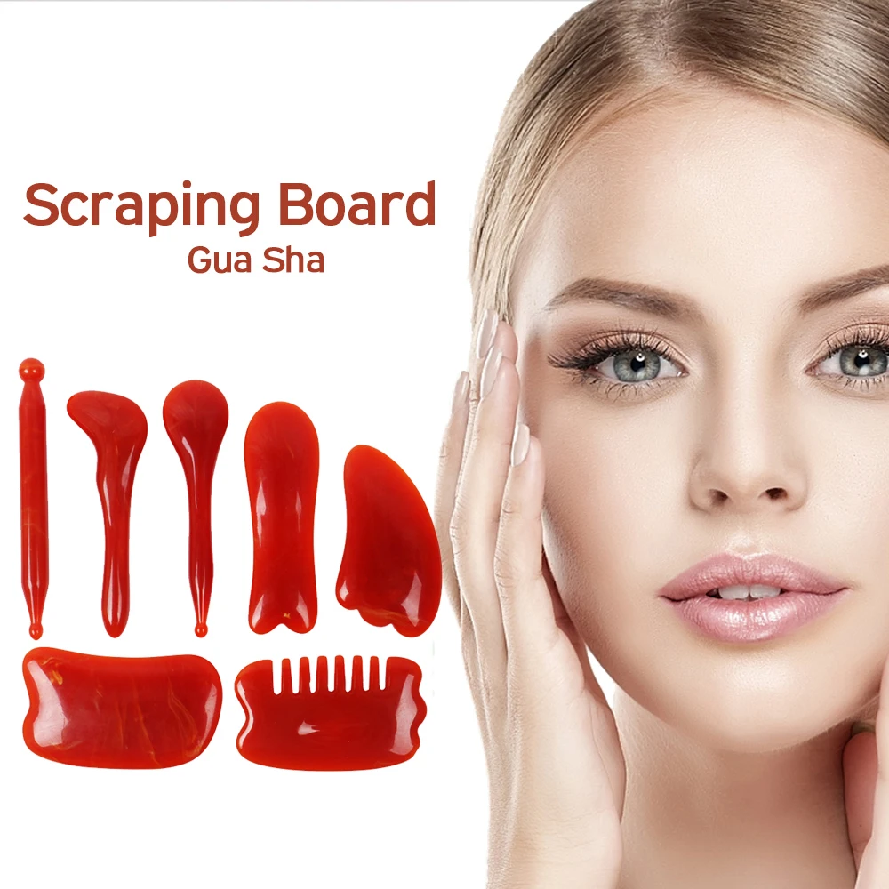 

7 шт./компл. натуральный Пластик Янтарный массаж скребок для лица шеи гуаша скребок массажер терапия Acupoint Акупрессура