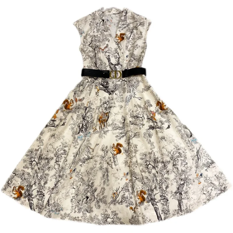 

Vintage Dress Women Sexy V-Neck Animal Print High Waist 2021 Summer Fashion Sleeveless Sundress Midi A-Line Elegant Traf Dresses