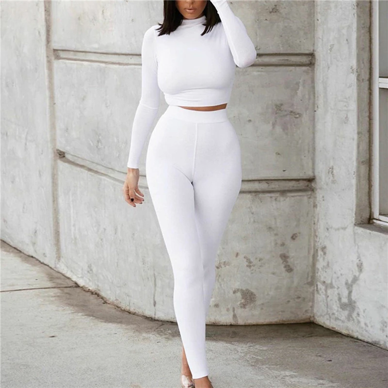 

New Women Fitness Set Autumn Casual Turtleneck Long Sleeve Crop Tops Slim Bodycon Pants Ladies Tracksuit Set 2 Two Piece