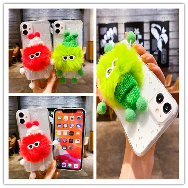 

3D Cartoon Fur Ball Protective Shell For iPhone 13 12 11 Pro XS MAX XR X 8 7 Plus Transparent Glitter Phone Case Anti-fall Cover