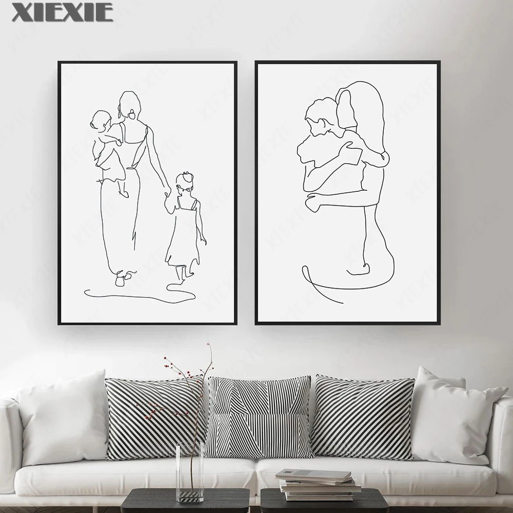 

Mother and Daughters Son Art Line Drawing Posters Abstract Minimalist Wall Art Canvas Print Painting Modern Decorative Pictures