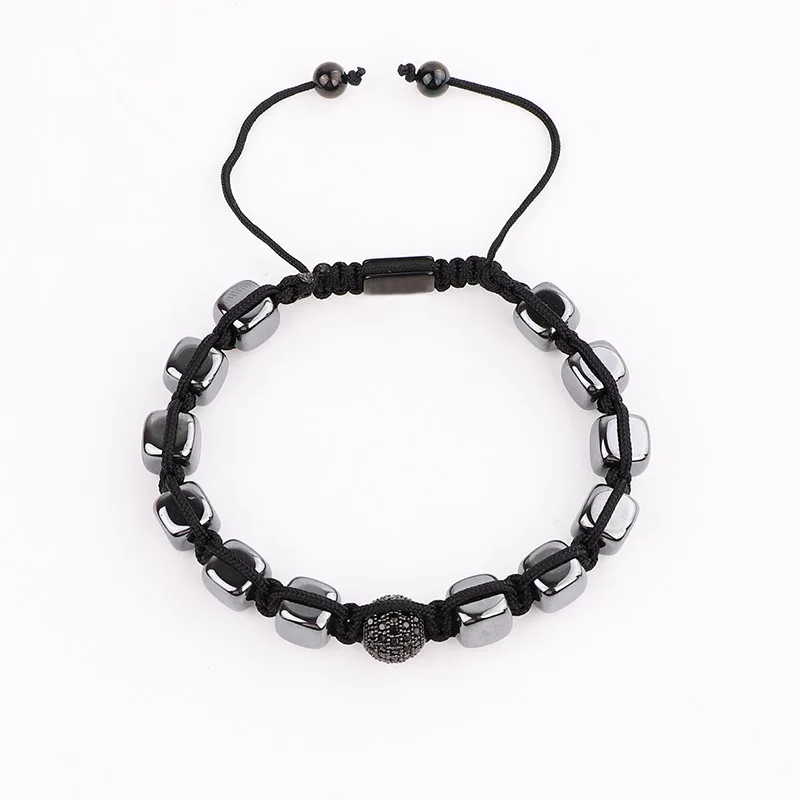 Мужской браслет Кубик из гематита фианита паве шарик ручной работы макраме