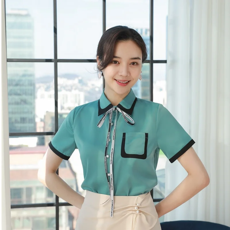 

2021 Summer Elegant Green Office Ladies Work Wear Blouse Female Tops Clothes OL Formal Uniform Designs Business Shirt for Women