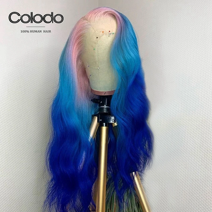 COLODO Wavy Pink Human Hair Wig 3 Tones Ombre Lace Front Wig With Baby Hair Remy Brazilian Transparent Lace Wigs For Black Women