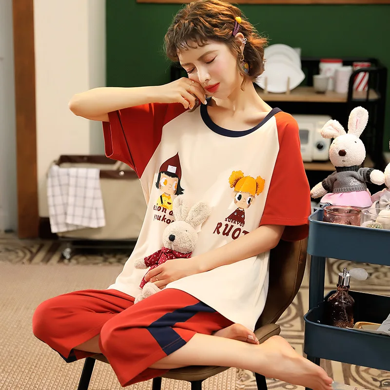 

NEW Pajama Set Women Sleepwear Plus Size Lungewear Summer Shorts Cotton Nightwear Capris Set Soft Cotton Women's Pyjamas 4XL 5XL