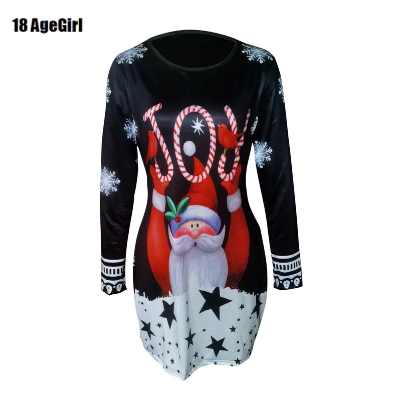 

2021 New Long-sleeved Round Neck Pullover Christmas Print Dress New Christmas Printed Long Skirt Women's Dress New Year Gift
