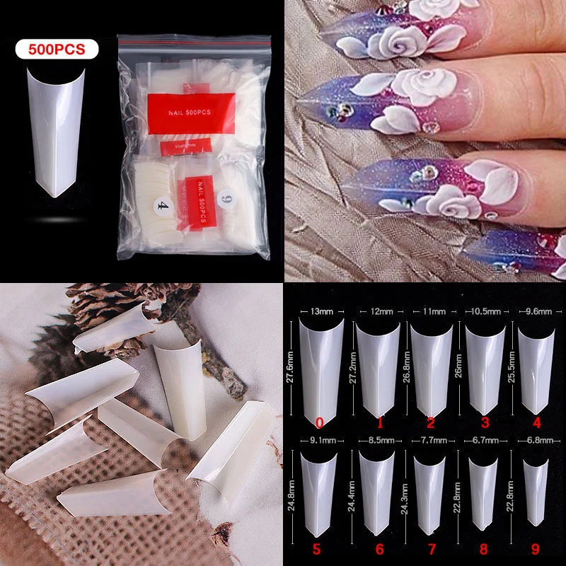 

500pcs False Nail Tips Clear Natural Long Stiletto French Nail Tips Acrylic Fake Nails ABS Artificial Nail Art Tools 10 Size