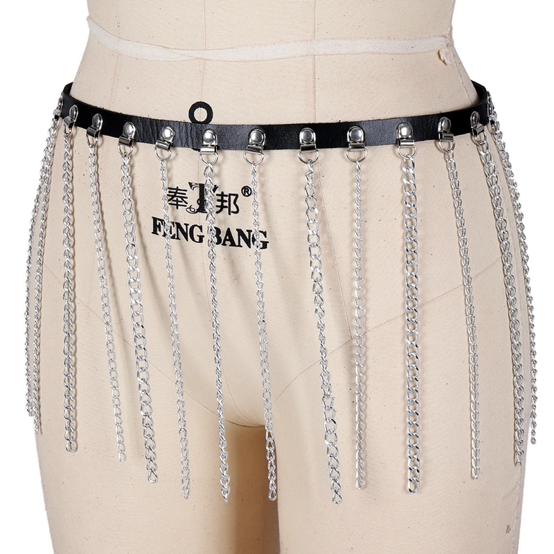

Sexy Lingerie Body Chian Pole Dance Costume Punk Leather Accessories Gothic Women Buttocks Bondage Harness Tassel Chain Skirt