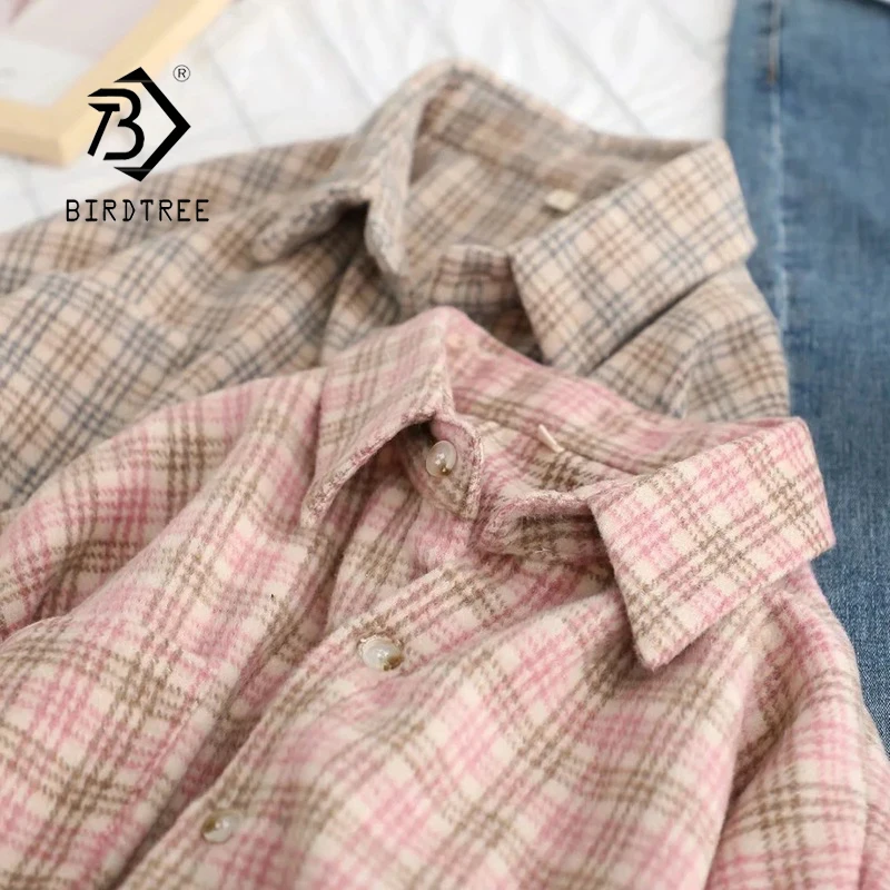 

Женские весенние винтажные шерстяные розовые клетчатые куртки с длинным рукавом и отложным воротником, пальто на пуговицах, осенняя Повсед...