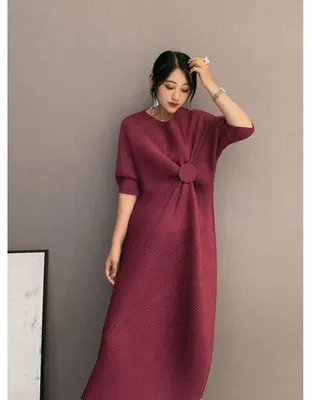 Бургундия Miyake модное платье на запястье с коротким рукавом, с блестками, с круглым вырезом, со складками, на пуговицах, прямое платье - Цвет: Бургундия