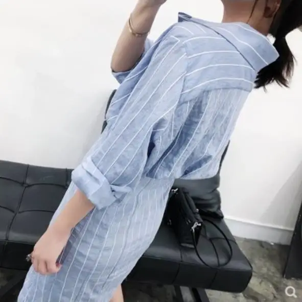 Новинка весны 2019 женское платье-рубашка Харадзюку с высокой талией Полосатое