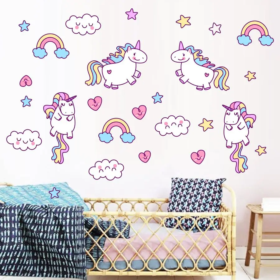 Прекрасный единорог с облаками радужные наклейки DIY звезды Настенная картина в