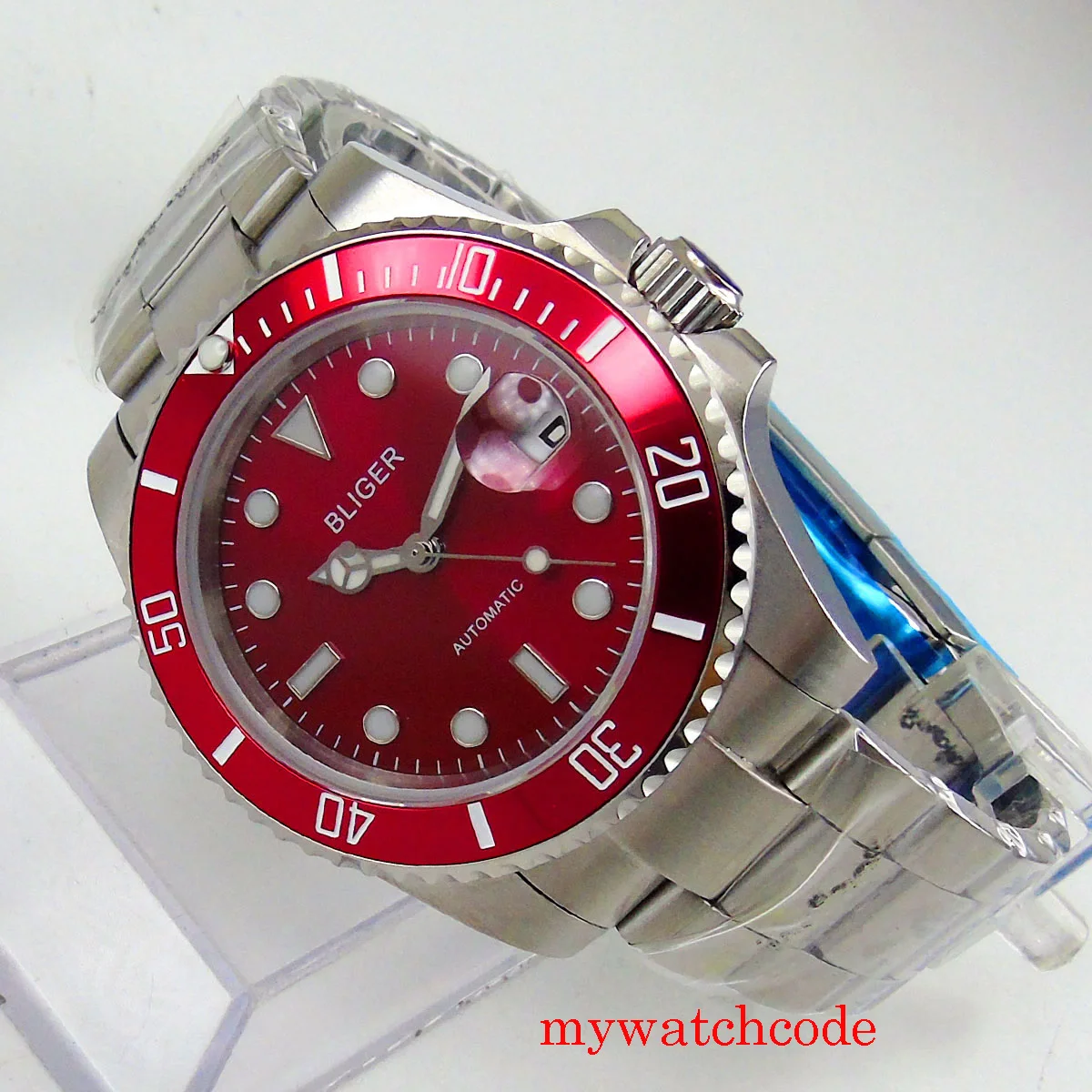 

40mm Bliger NH35 MIYOTA 8215 PT5000 Automaric Watch Men Red Dial Rotating Bezel Date Indicator Oyster Bracelet Sapphire Crystal
