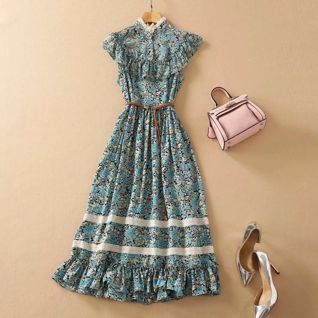 

HIGH QUALITY Newest 2021 Runway Designer Woman's Retro Lace Stand Collar Patchwork Green Printed Vintage Ruffles Dress