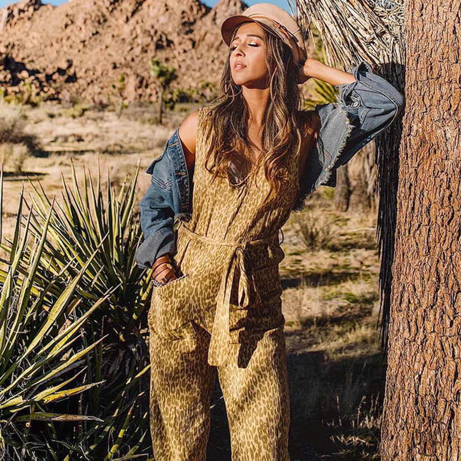 Женский Длинный леопардовый комбинезон AYUALIN желтый пляжный без рукавов с