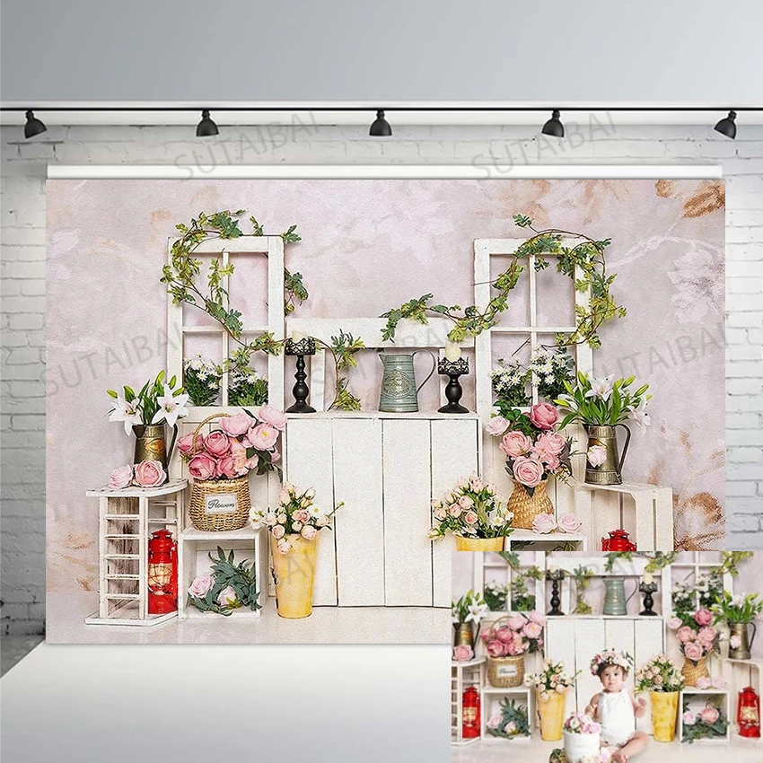 

Photography Background White Wood Door Pink Flower Girl Cake Smash Birthday Party Portrait Backdrop Photo Studio Photocall