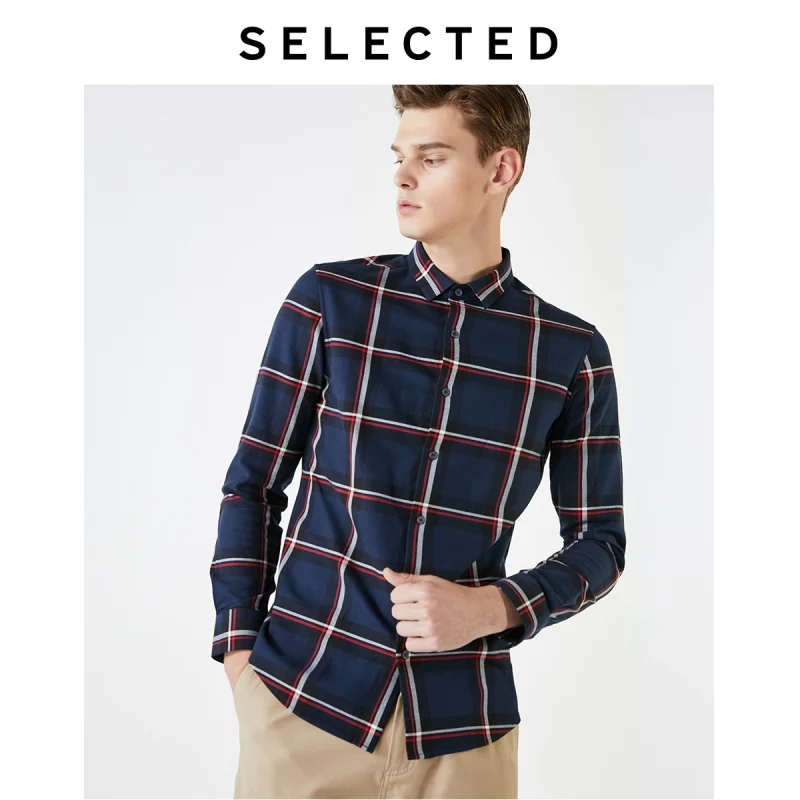 SELECTED Men's 100% Cotton Checked Retro Plaid Long-sleeved Shirt S|419405529 | Мужская одежда
