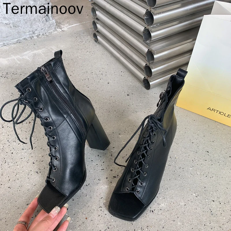 

Termainoov Women Sandals High Heels Lace Up Peep Toe Lace Up Chunky Heel Gladiator Sandalias Fashion Summer Boots