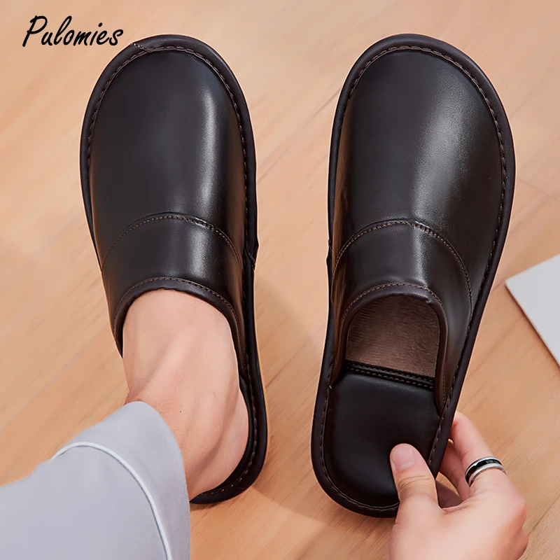 

Men Plush Slippers Warm PU Leather Indoor Slippers Living Room Female Couple Home Bedroom Floor Solid Concise Slides For Women