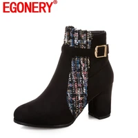 egonery cute booties girls round toe high heels black beige side zipper ankle boots good quality women buckle plus size shoes