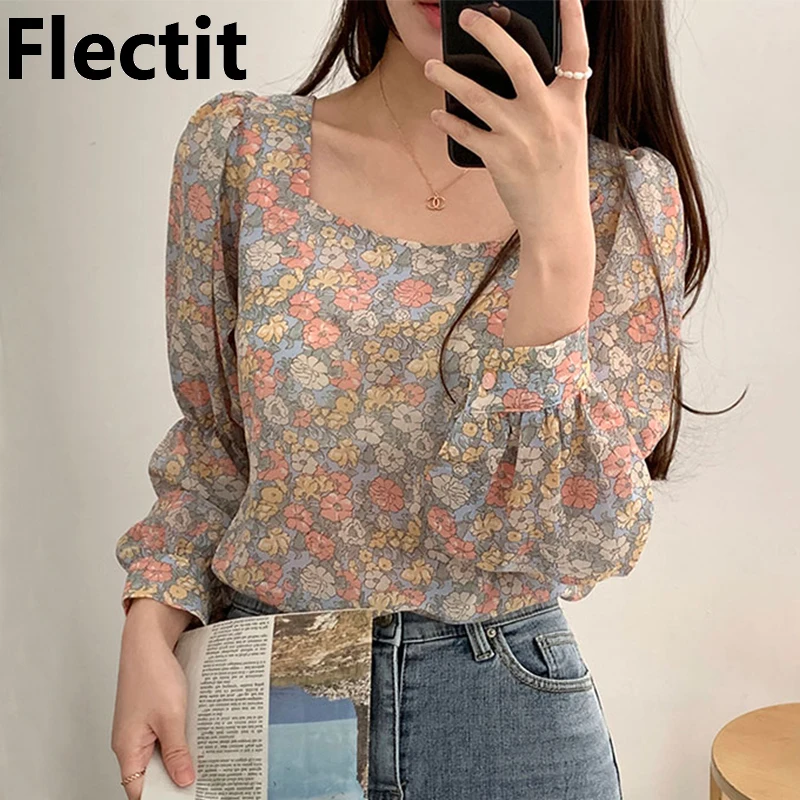 

Flectit Floral Blouse Square Neck Puff Sleeve Print Tops Women Spring Summer Ladies Festival Outfit *