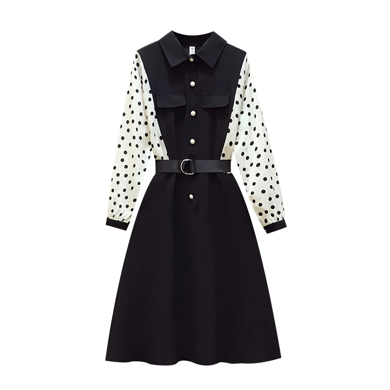 

Willstage L- 5XL Plus size Dress Women Dot Striped Patchwork Long Sleeve Vintage Dresses with Belt Elegant Oversize clothes 2020