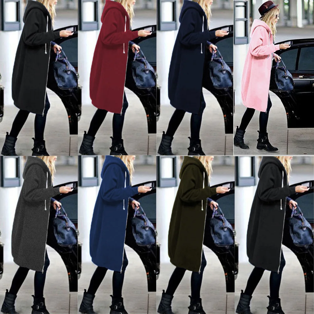 

FNOCE autumn winter women's coat fashion casual solid Hooded Zipper long sleeve Sweater streetwear Mid-Length Jacket coat