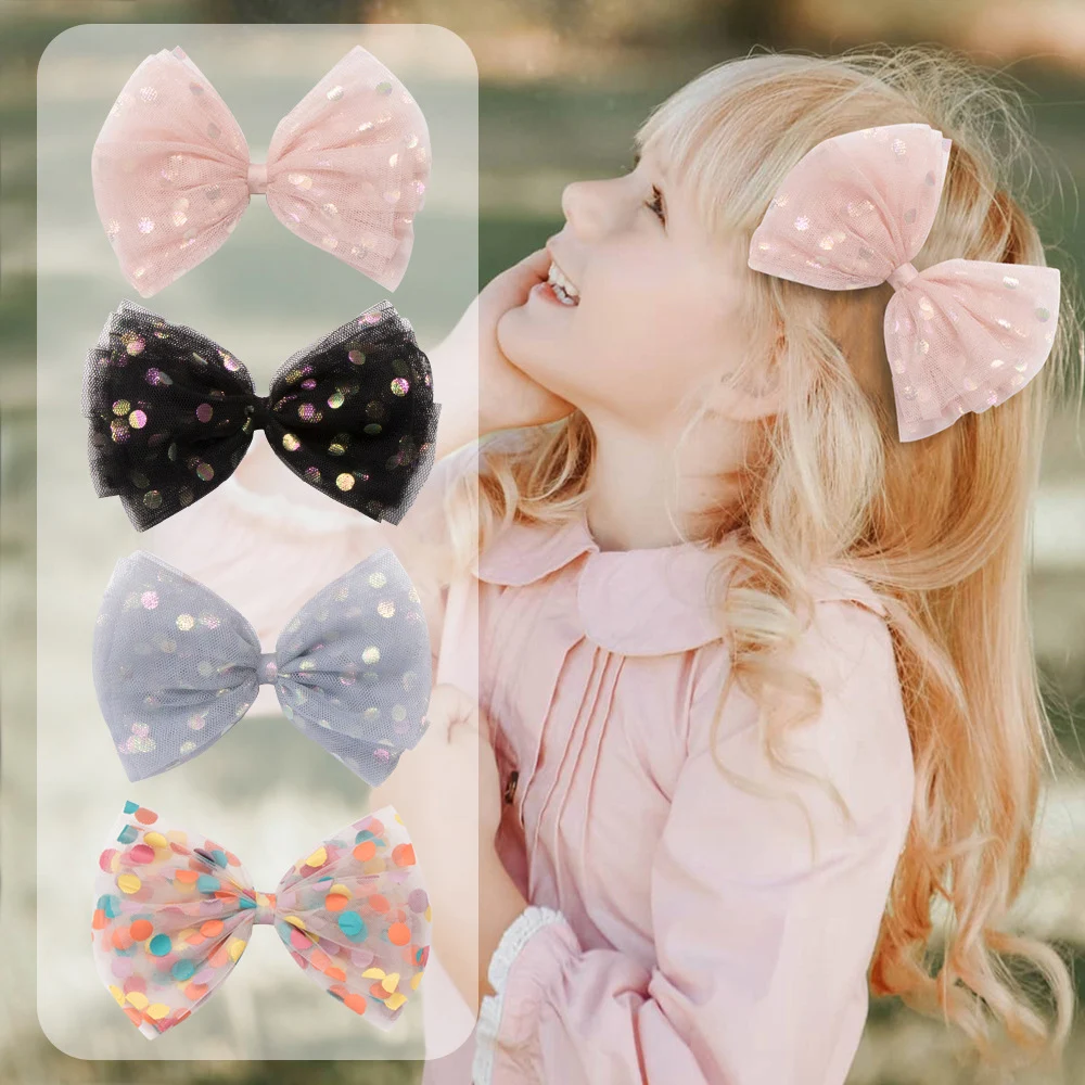 Lazos de hilo de punto de lentejuelas para ni&ntilde;as, horquillas de Organza hechas a mano con Clips, tocado de Boutique para ni&ntilde;os, accesorios para el cabello-1