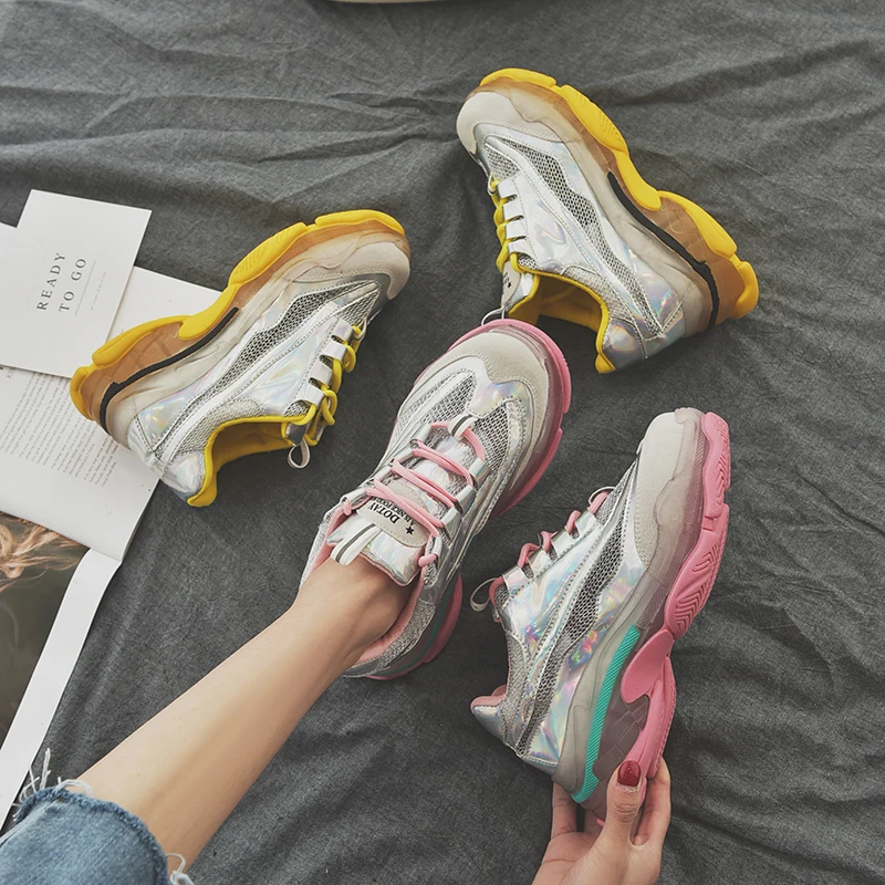 Массивные кроссовки Дизайнерские женские с блестками Дышащая женская обувь из