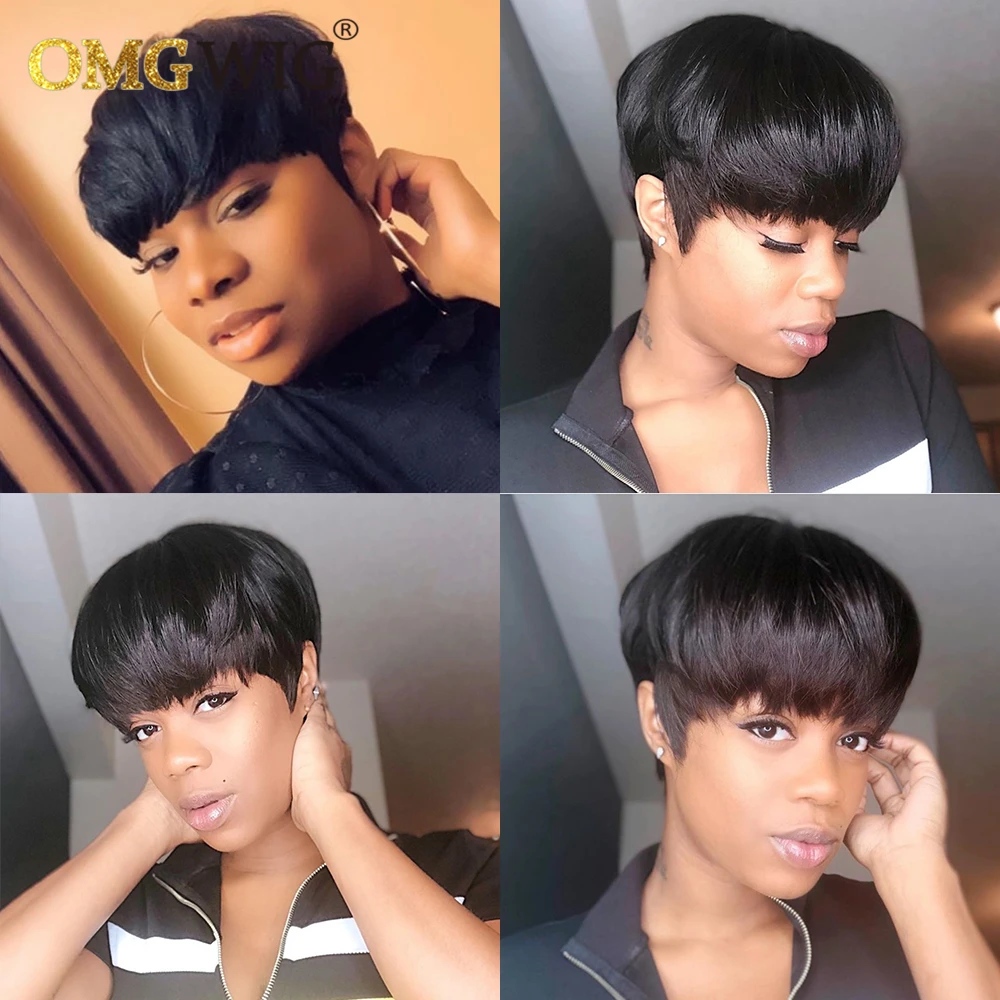 Short Straight Honey Blonde Color Bob Pixie Cut Wavy Non Lace Human Hair OMG Wig With Bangs For Black Women Remy Brazilian | Шиньоны и